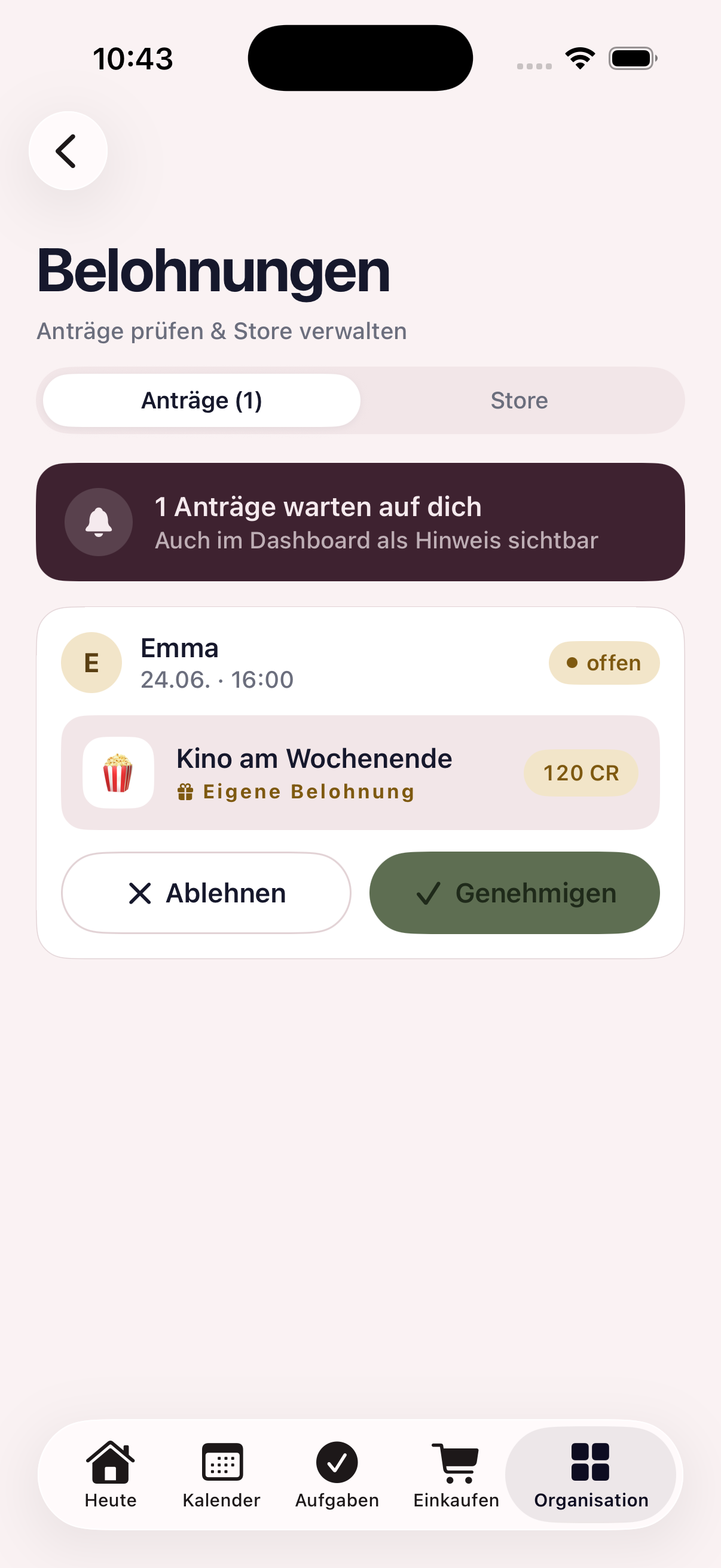 Rewards: kids redeem credits, parents approve the request