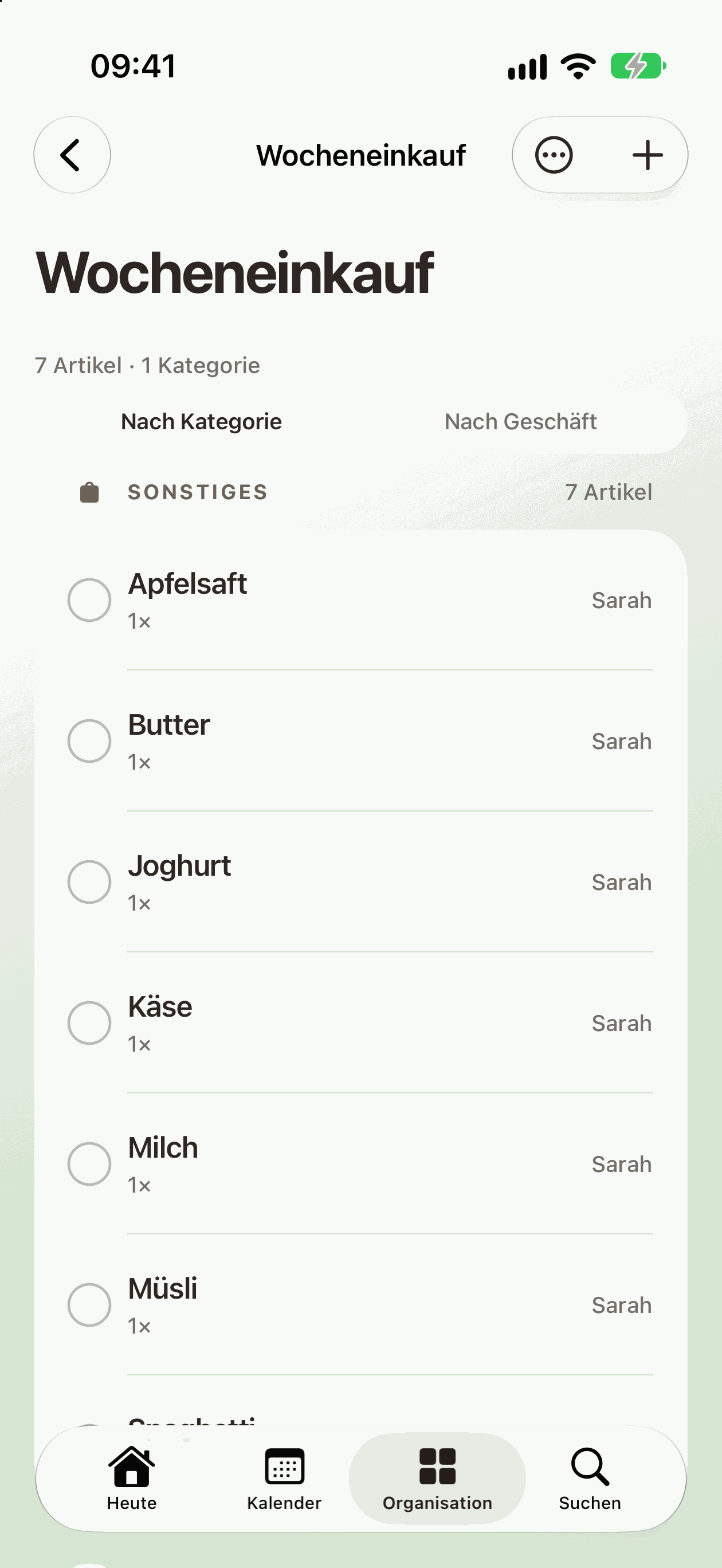 Originalansicht der Einkaufsliste in der FamilyManager-App mit Beispieldaten