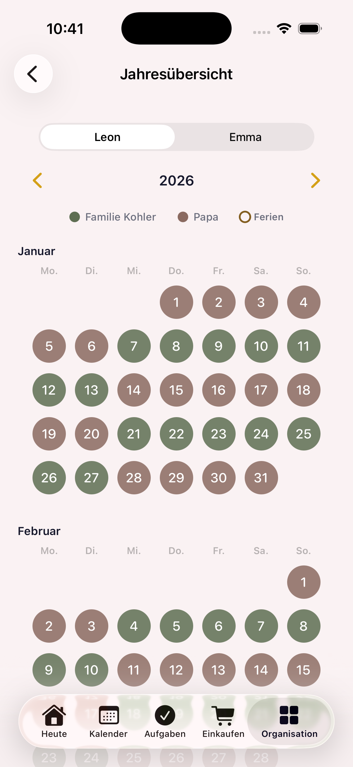 Year overview with custody days per child for blended families
