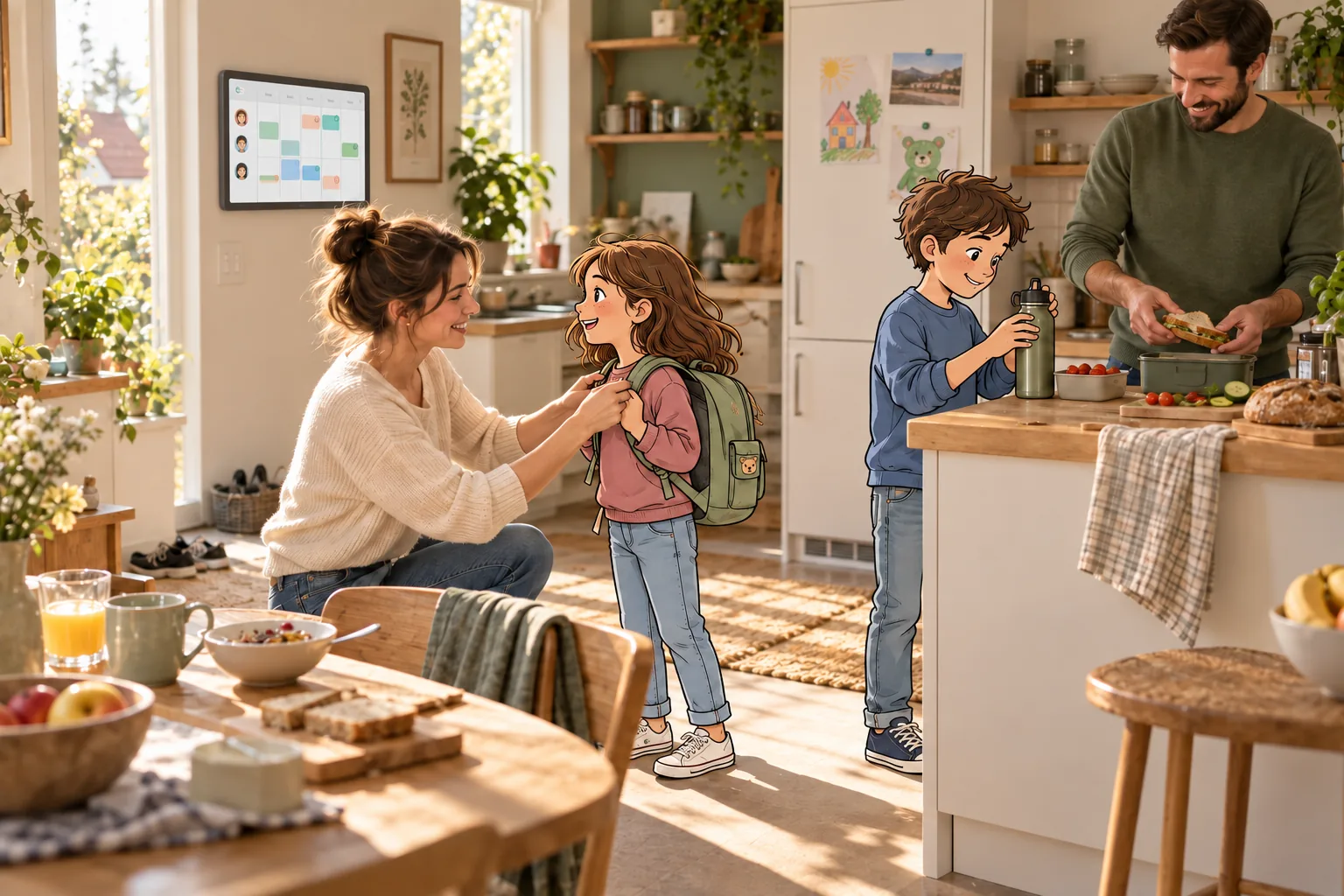Ein Morgen in der Küche: Die Eltern bereiten mit ihren gezeichneten Kindern den Tag vor, an der Wand hängt der Familienplaner.
