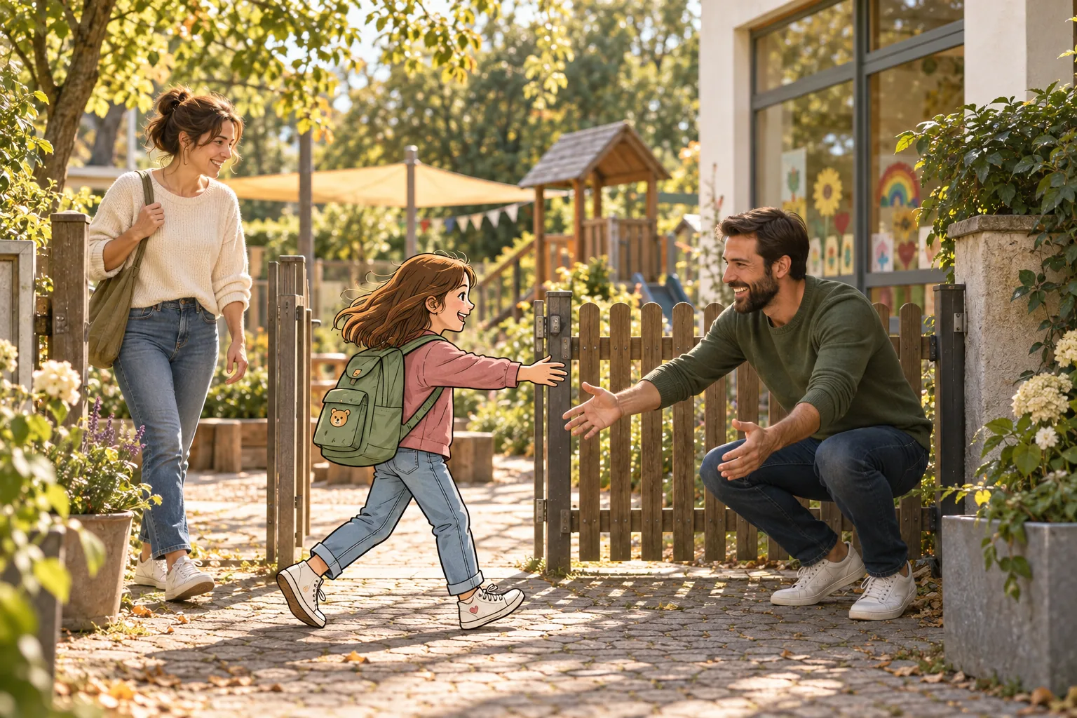 Ein gezeichnetes Mädchen läuft am Kita-Tor auf seinen Vater zu, die Mutter kommt dazu.