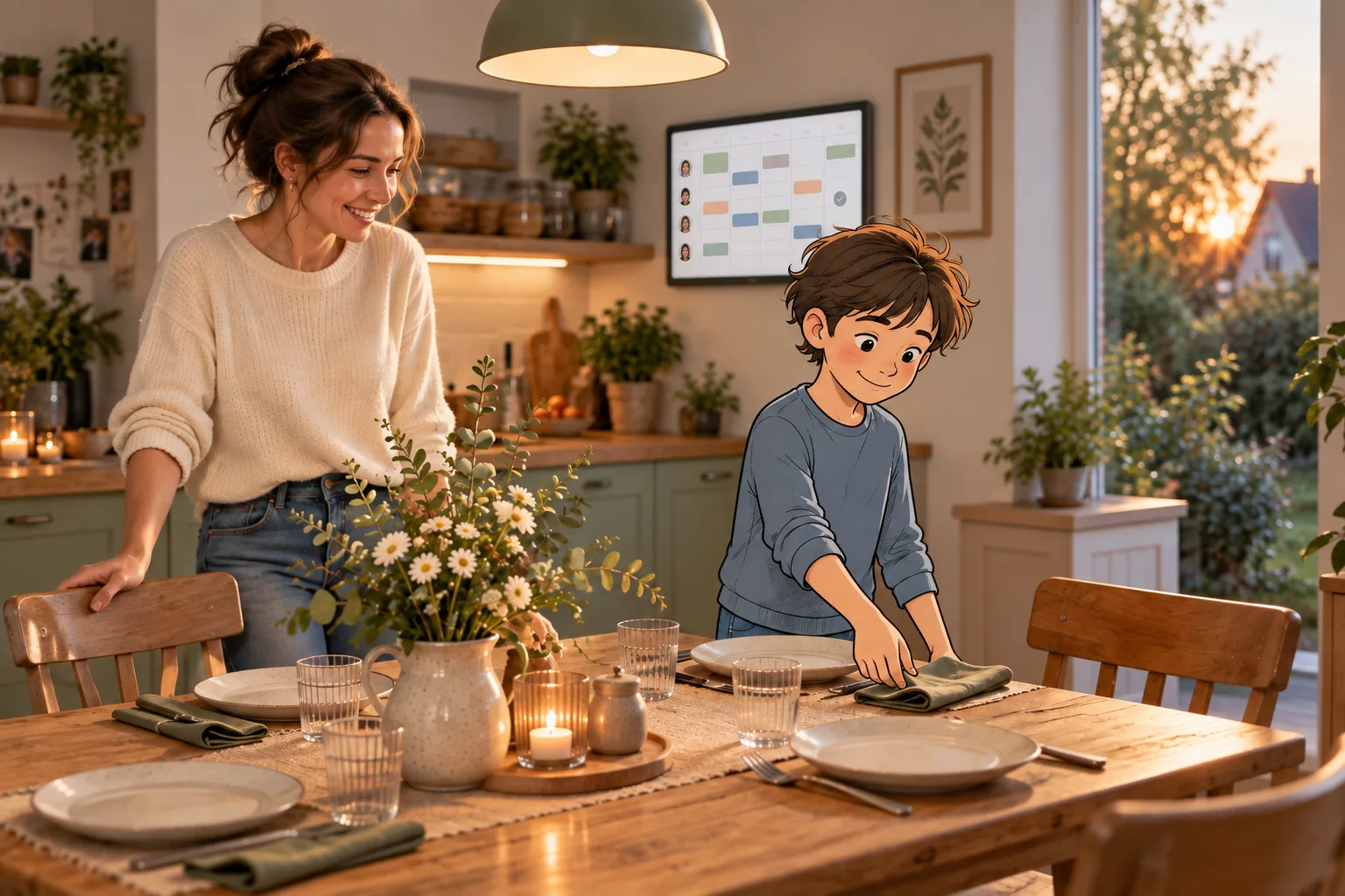 Ein gezeichneter Junge deckt den Tisch, während seine Mutter im Hintergrund kocht.