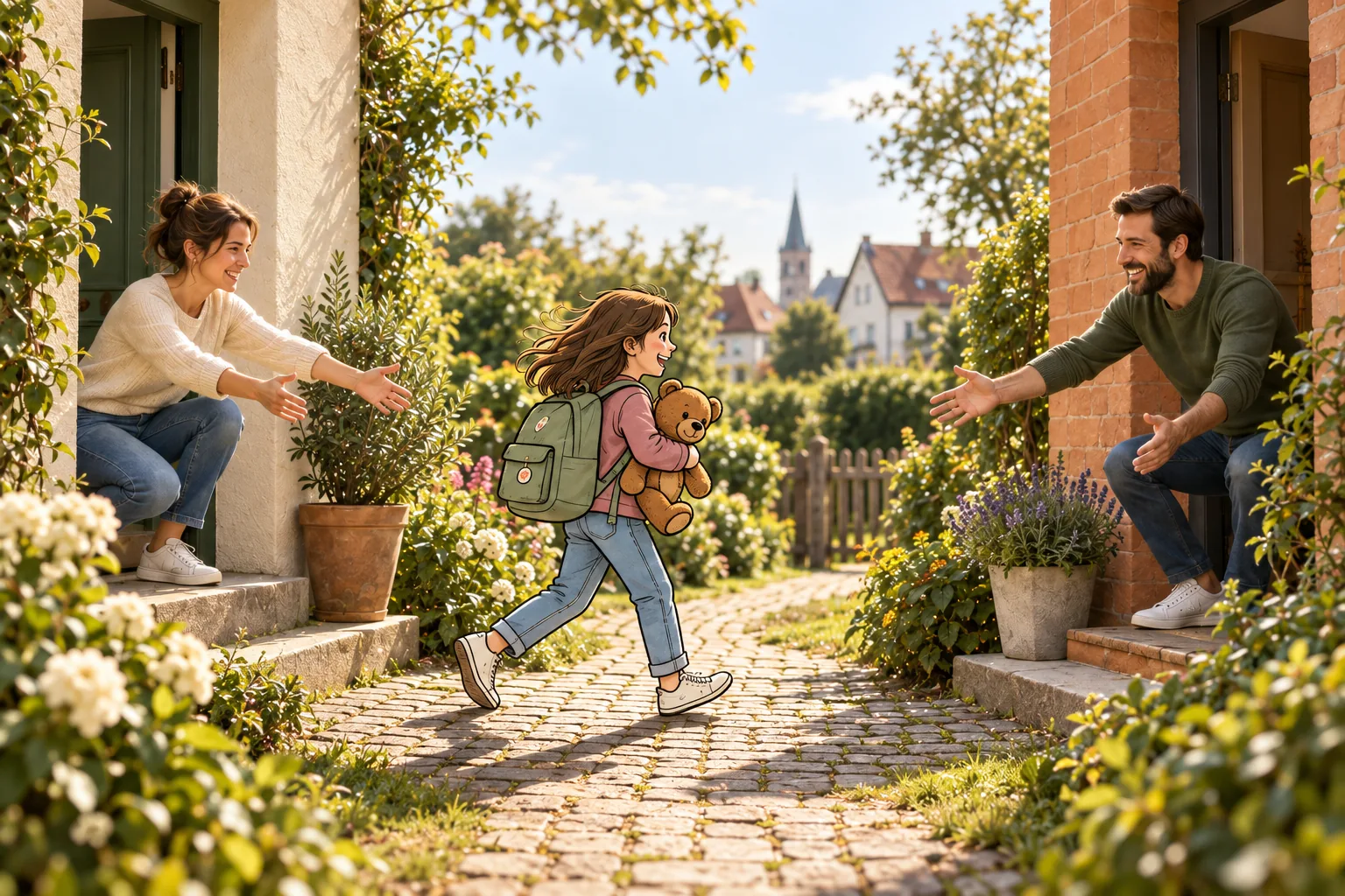 Übergabe zwischen zwei Zuhause: Das gezeichnete Kind hält seinen Bären, beide Eltern sind dabei.