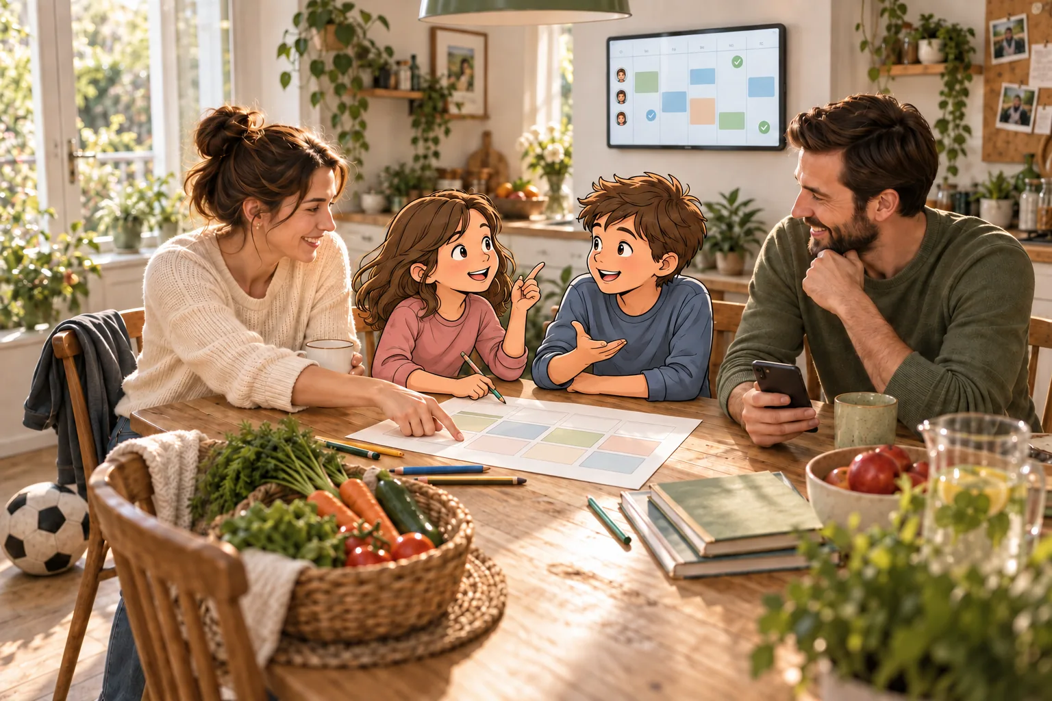 Die Familie plant gemeinsam am Tisch; gut sichtbar an der Wand hängt ein Tablet mit Wochenkalender.