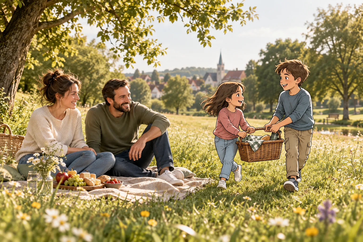 Die Eltern sitzen auf einer Picknickdecke. Die gezeichneten Kinder tragen gemeinsam einen Korb zu ihnen.